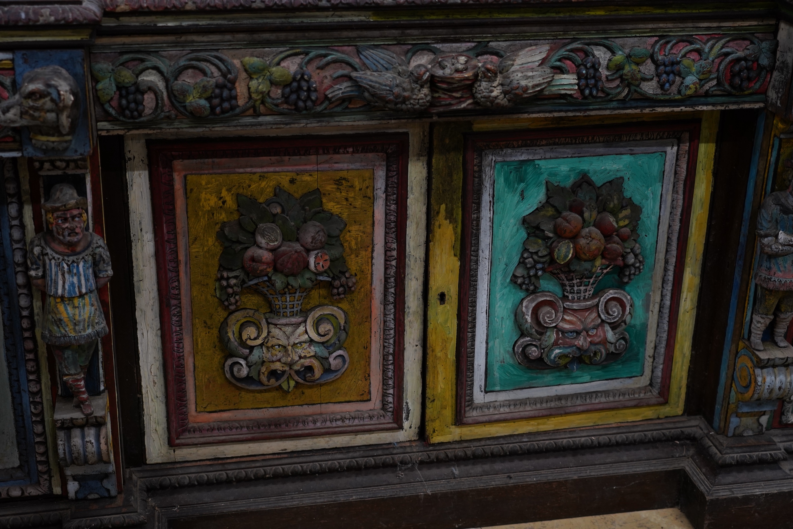 John Bratby (1928-1992): A monumental mirror backed buffet sideboard, polychrome decorated by the artist